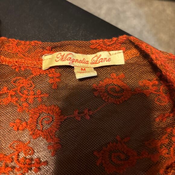 Magnolia Lane Lace Kimono Duster Women’s Medium Rust Orange Boho Chic Sheer Top - Picture 4 of 6